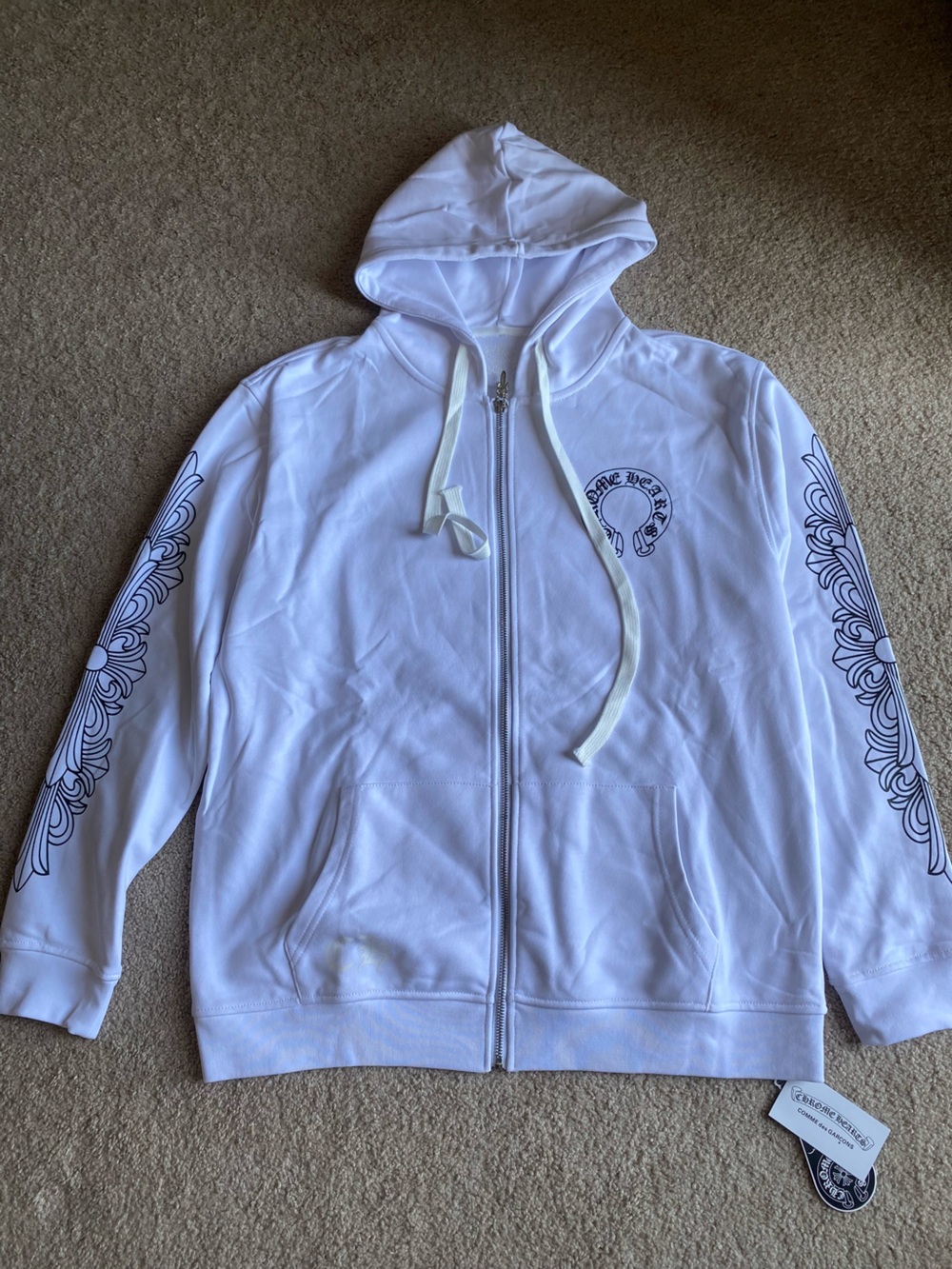 Chrome Hearts White Full-Zip Hoodie with Black Sleeve Motif